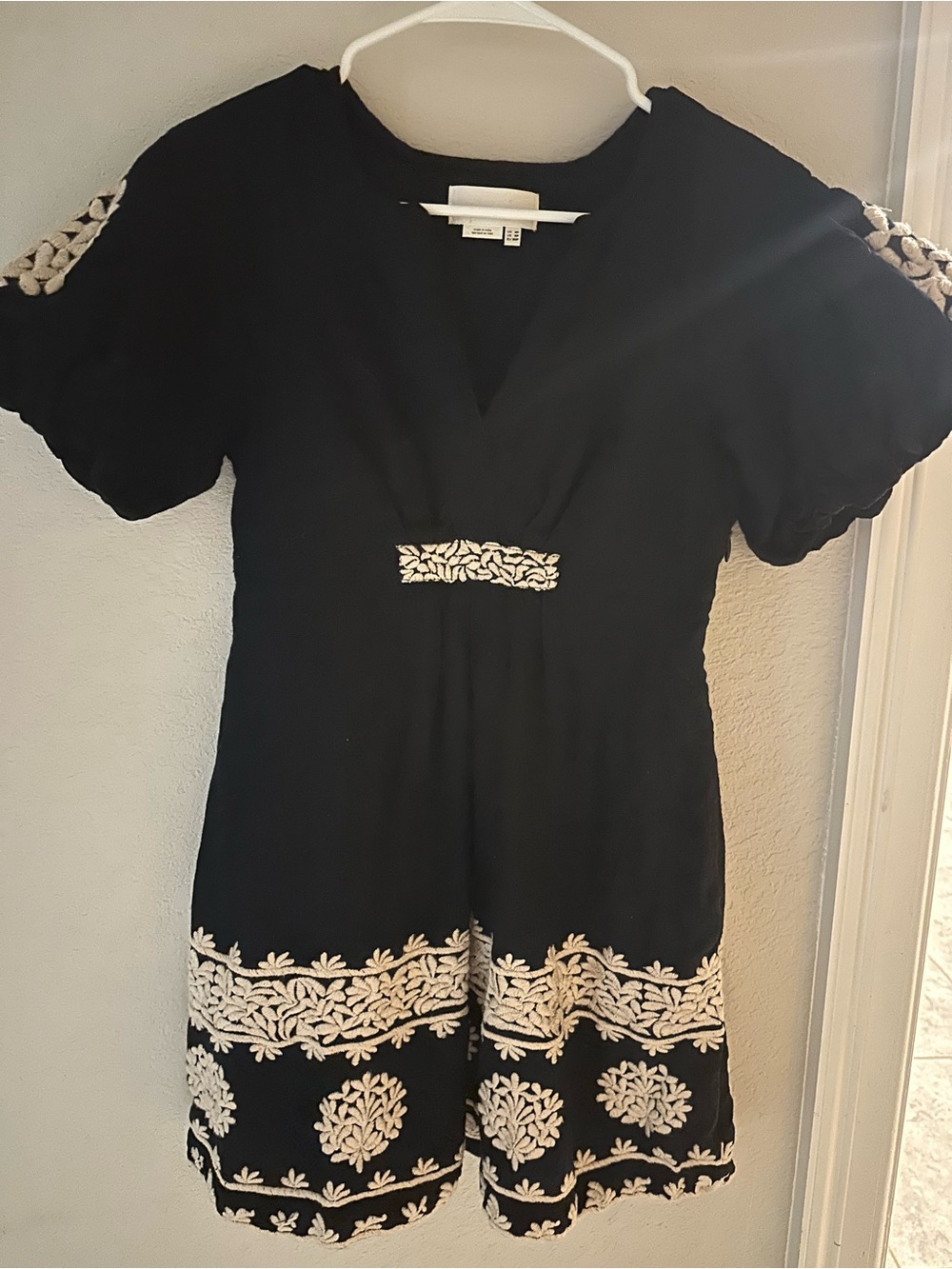Anthropologie Black Mini Dress with Cream Embroidery